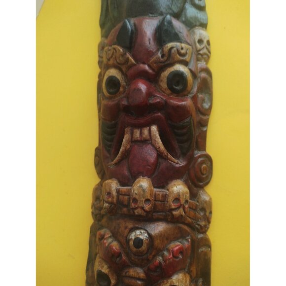 Vintage Nepalese Mahakala Wood Carving 19" x 5" Tibetan Totem Pole - Picture 12 of 14
